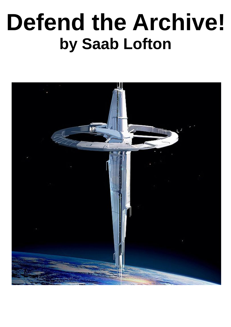 Cover of Defend the Archive: title, author, and space station